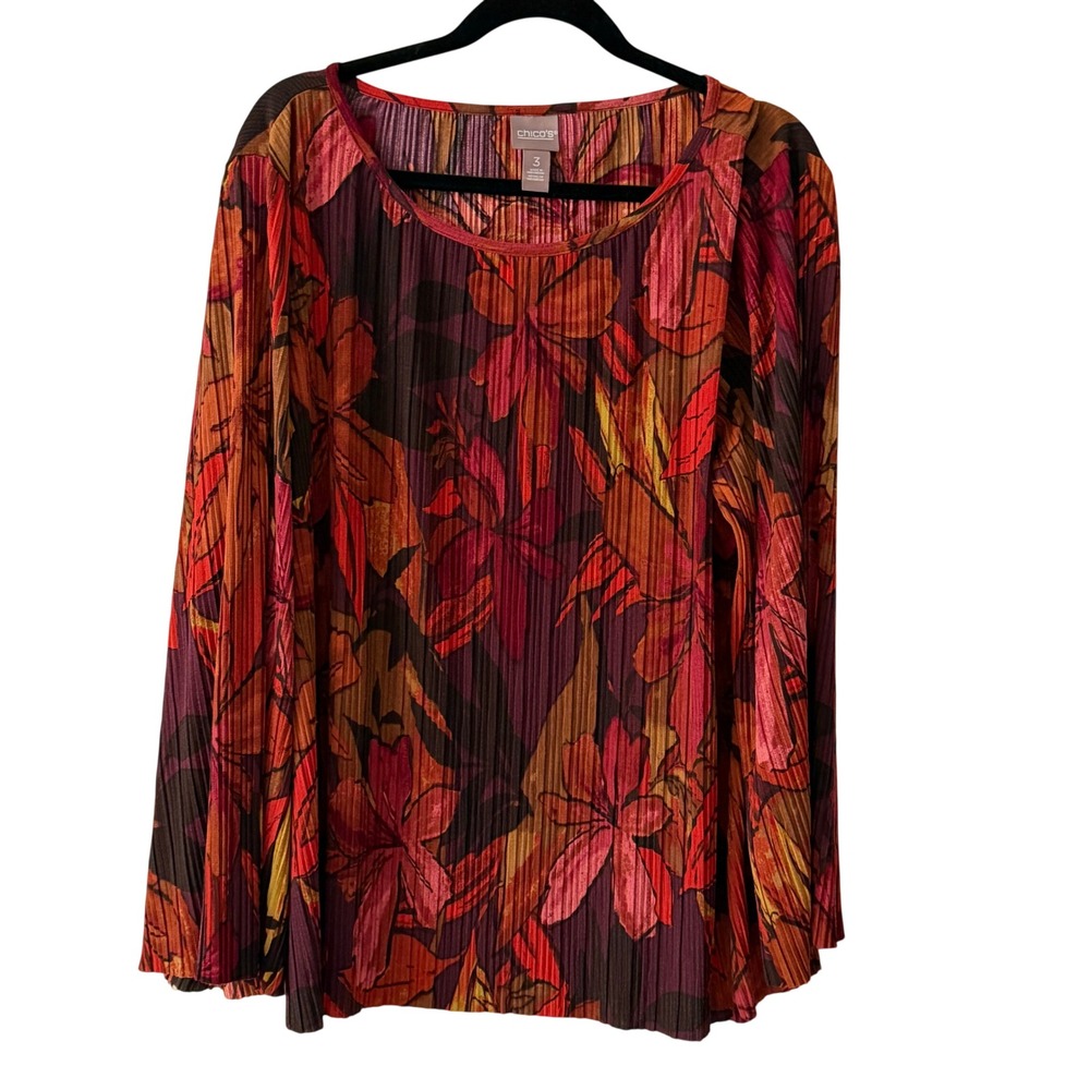 Chico's Pleated Floral Blouse Womens Size 3 XL Multi-Color Excellent Long Sleeve